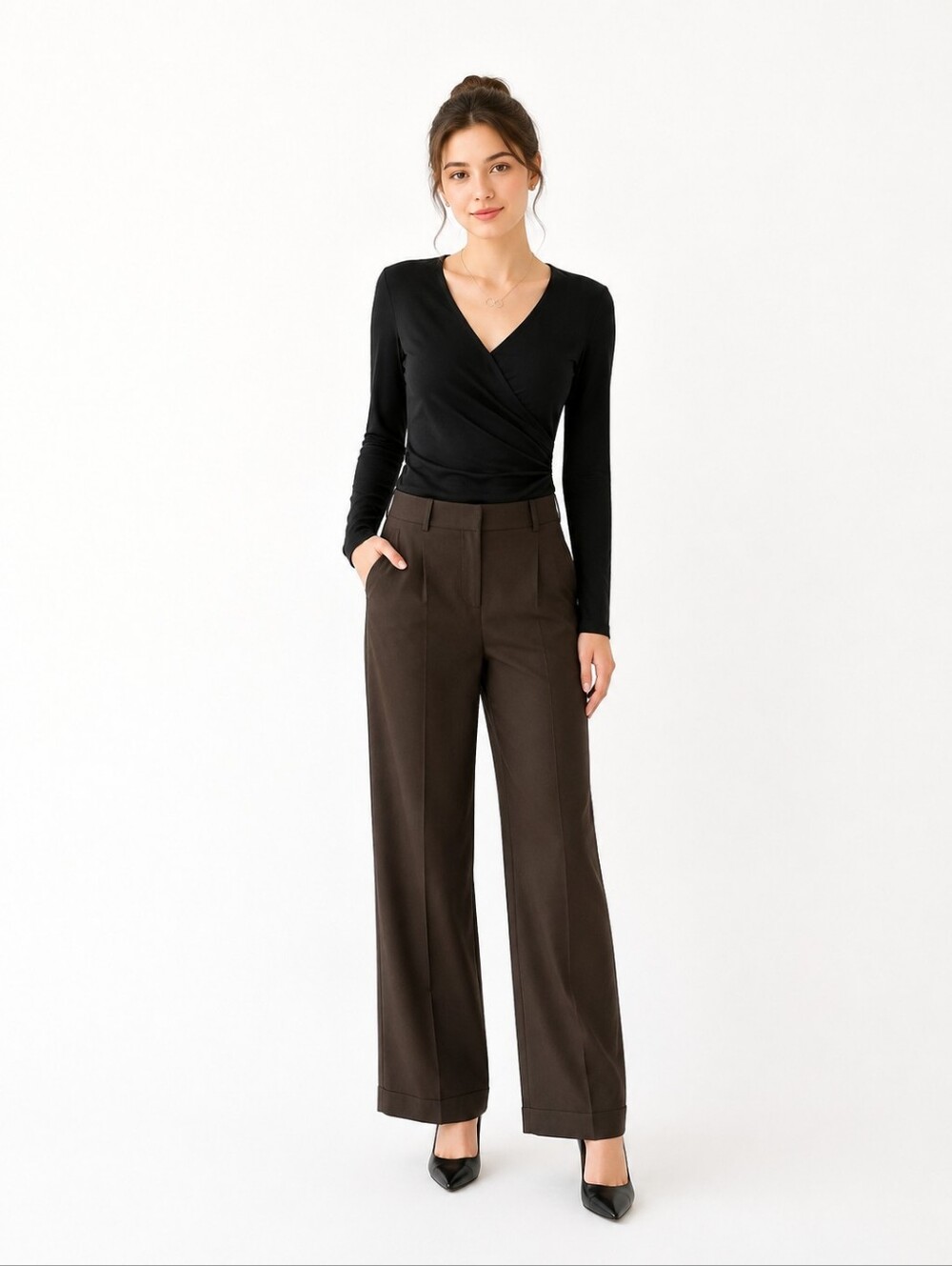 Wide-Leg Brown Dress Pants with Front Pleats